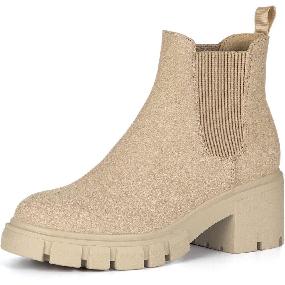 Women's Chelsea Boots Fashion Lug Sole Chunky Heel Slip on Ankle Booties Nude